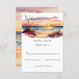 Rustige Waterverf Sunset Beach Seascape Wedding RSVP Kaartje