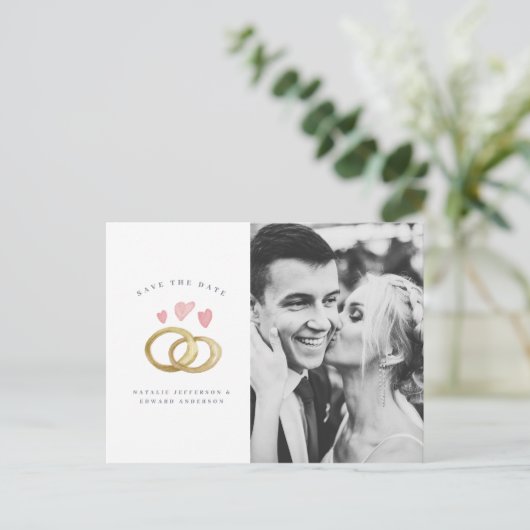 rustige waterverf trouwringfoto op de datum briefkaart (Staand voorkant)
