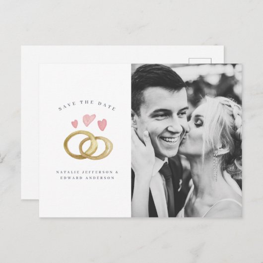 rustige waterverf trouwringfoto op de datum briefkaart (Voorkant / Achterkant)