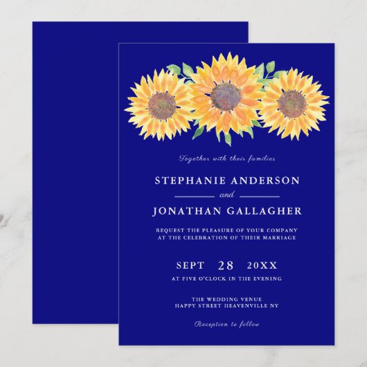 Rustige Waterverf van zonnebloemen Navy Blue Weddi Kaart (Voorkant / Achterkant)