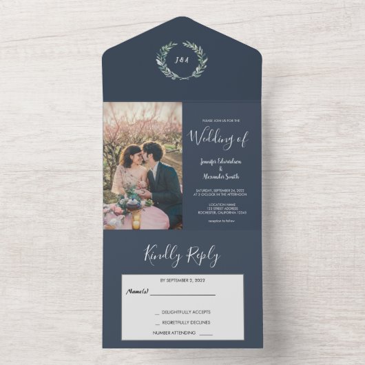 Rustige waterverf verlaat monogram foto Weddenscha All In One Uitnodiging (Binnen)