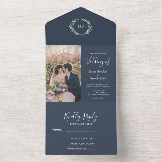 Rustige waterverf verlaat monogram foto Weddenscha All In One Uitnodiging (Binnen)