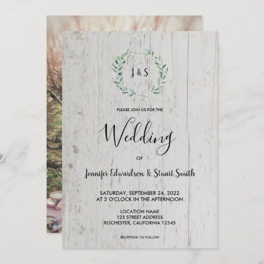 Rustige waterverf verlaat monogram foto Weddenscha Kaart (Voorkant / Achterkant)