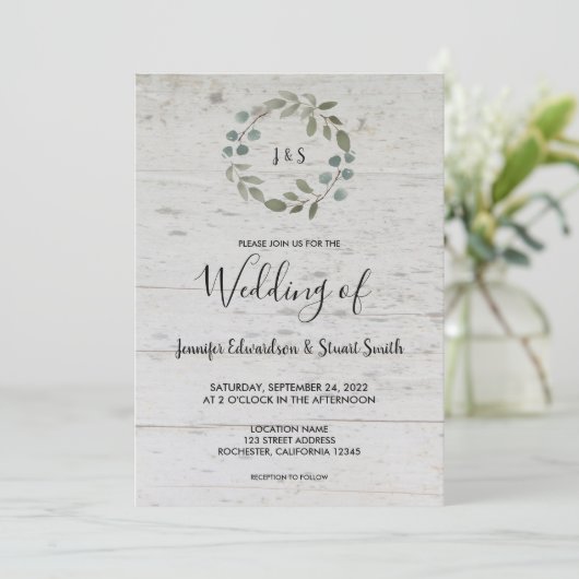 Rustige waterverf verlaat monogram hout bruiloft kaart (Staand voorkant)