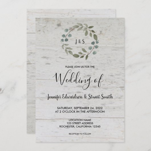 Rustige waterverf verlaat monogram hout bruiloft kaart (Voorkant / Achterkant)