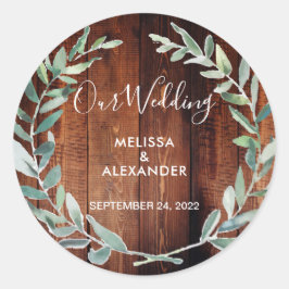 Rustige waterverf verlaat schuurhout ronde sticker