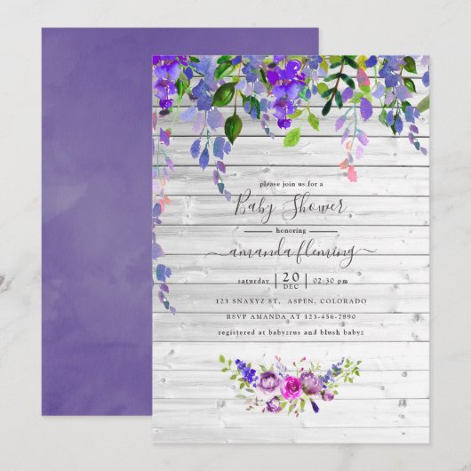 Rustige Waterverf Violet Floral Baby shower Kaart (Voorkant / Achterkant)
