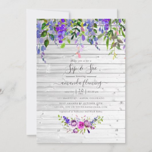 Rustige Waterverf Violet Floral Sip en zie Kaart (Voorkant)