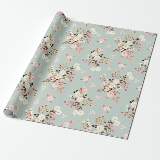 Rustige Waterverf Vloer Bouquet Patroon in Sage Cadeaupapier (Uitgerold)