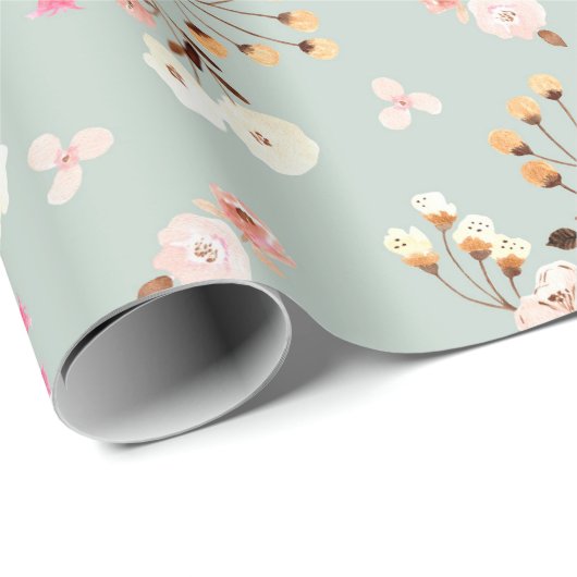 Rustige Waterverf Vloer Bouquet Patroon in Sage Cadeaupapier (Rol Hoek)