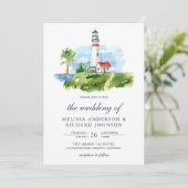 Rustige Waterverf vuurtoren Nautical Wedding Kaart (Staand voorkant)