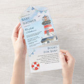 Rustige Waterverf vuurtoren Nautisch Baby shower All In One Uitnodiging (Afscheurbaar)