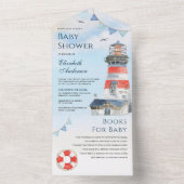 Rustige Waterverf vuurtoren Nautisch Baby shower All In One Uitnodiging (Binnen)