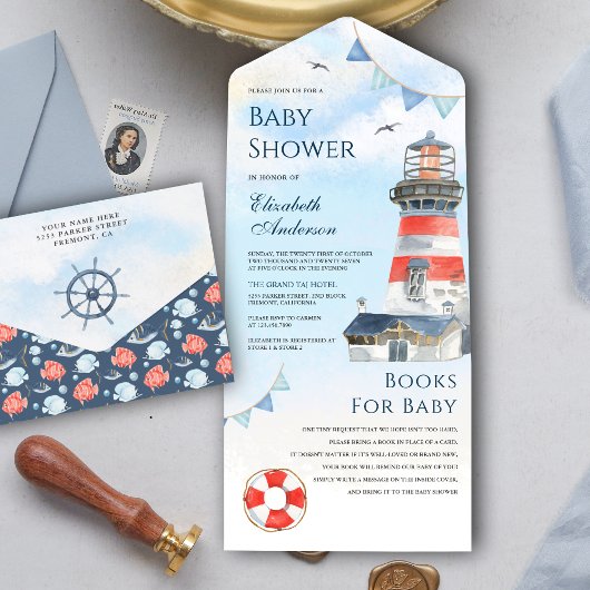 Rustige Waterverf vuurtoren Nautisch Baby shower All In One Uitnodiging