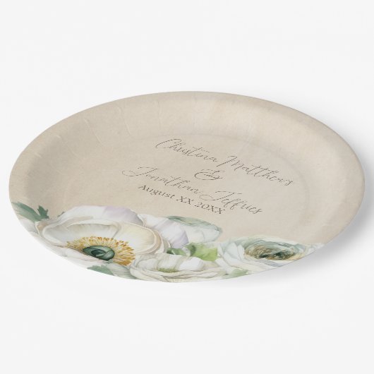 Rustige Waterverf White Ranunculus Papieren Bordje (Gekanteld)