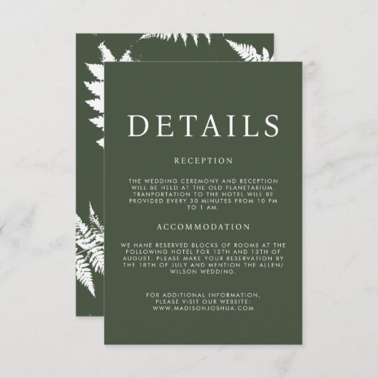 Rustige Waterverf Wild Fern Wedding - Gegevens Informatiekaartje (Voorkant / Achterkant)