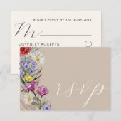 Rustige Waterverf Wilde Bloem & Beige Wedding RSVP (Voorkant / Achterkant)