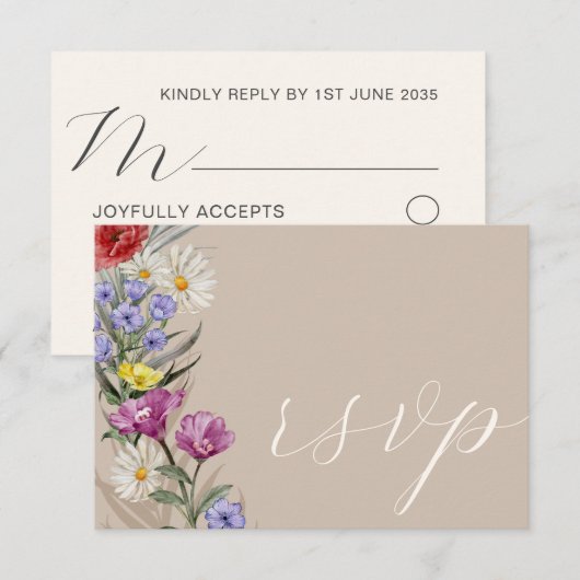 Rustige Waterverf Wilde Bloem & Beige Wedding RSVP (Voorkant / Achterkant)