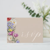 Rustige Waterverf Wilde Bloem & Beige Wedding RSVP Kaartje (Staand voorkant)