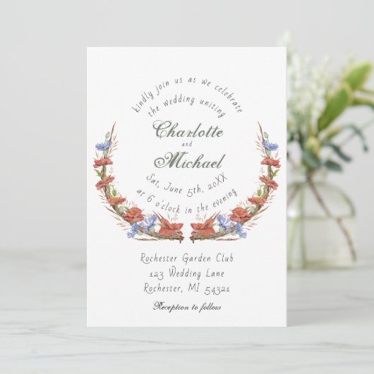 Rustige waterverf wilde bloemen bruiloft kaart (Staand voorkant)