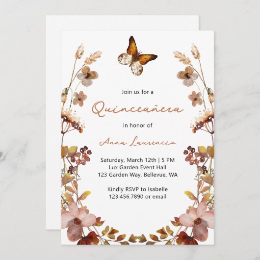 Rustige Waterverf Wilde bloemenvlinder Quinceanera Kaart (Voorkant / Achterkant)