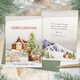Rustige Waterverf Winter Chalet Beer Kerstmis Feestdagenkaart