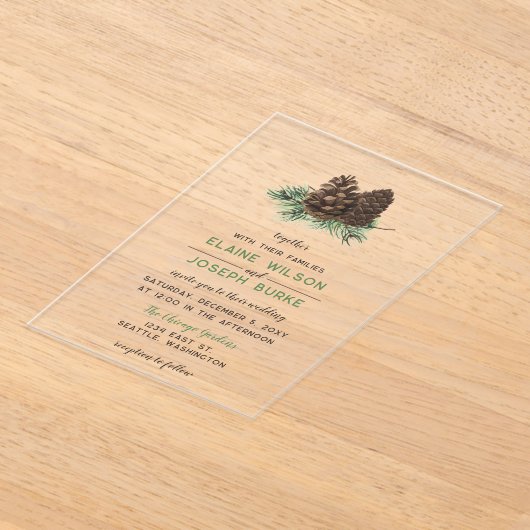 Rustige Waterverf Winter Forest Pine Cone Wedding Acryl Uitnodigingen (Laagn)