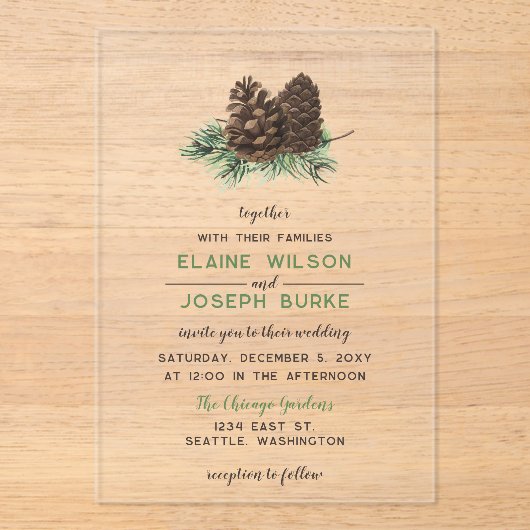 Rustige Waterverf Winter Forest Pine Cone Wedding Acryl Uitnodigingen (Voorkant)