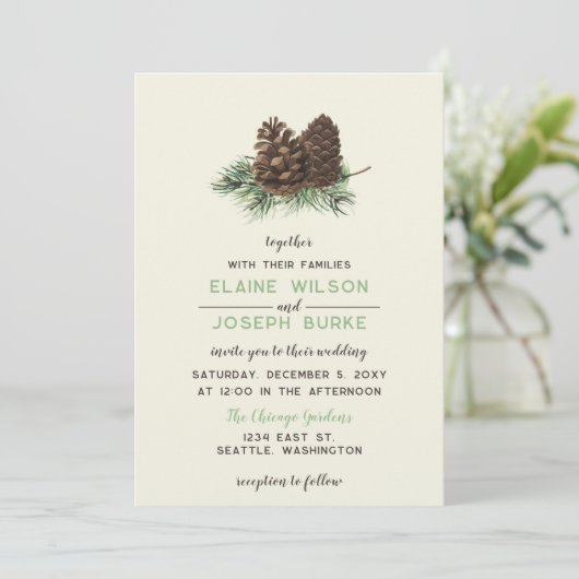 Rustige Waterverf Winter Forest Pine Cone Wedding Kaart (Staand voorkant)