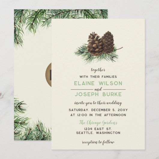 Rustige Waterverf Winter Forest Pine Cone Wedding Kaart (Voorkant / Achterkant)