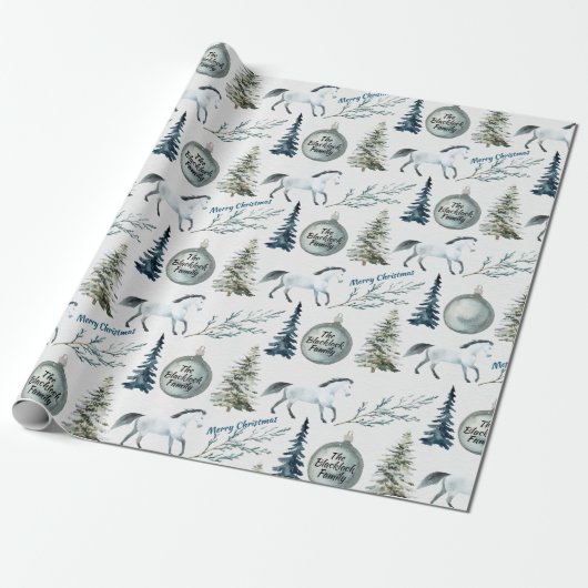 Rustige Waterverf Winter Horse Custom Name & Cheer Cadeaupapier (Uitgerold)