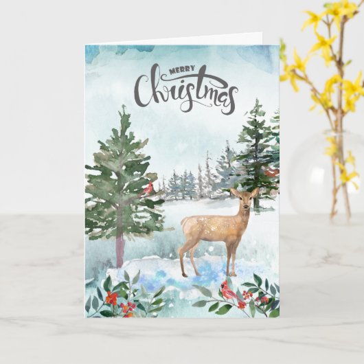 Rustige Waterverf Woodland Deer Kerstmis Kaart (Gele Bloem)