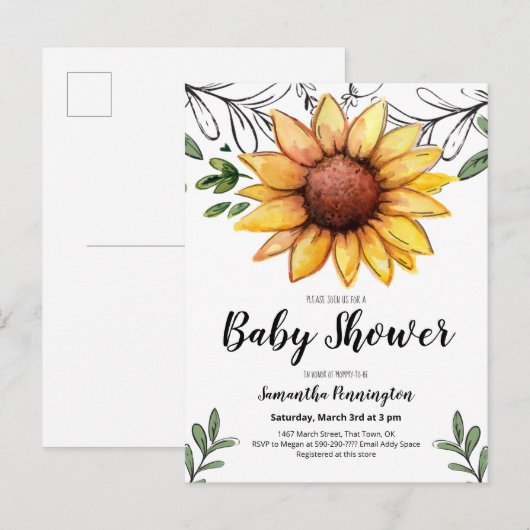 Rustige Waterverf Zonnebloem Baby shower Uitnodiging Briefkaart (Voorkant / Achterkant)