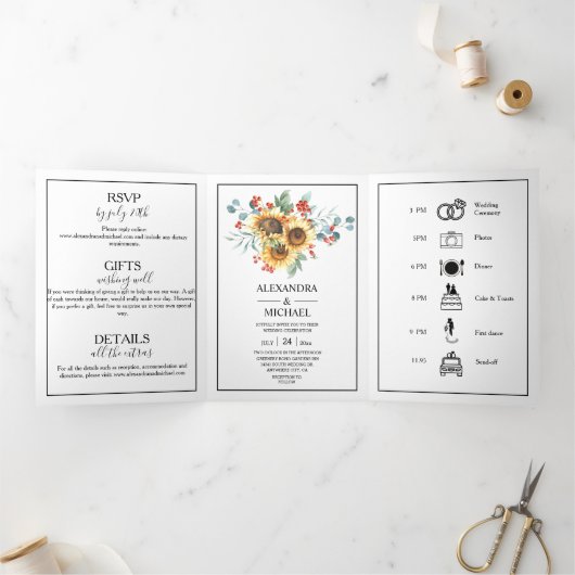 Rustige Waterverf - Zonnebloem - bruiloft Drieluik Uitnodiging (Binnen)