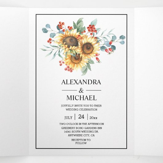 Rustige Waterverf - Zonnebloem - bruiloft Drieluik Uitnodiging (Binnenkant midden)