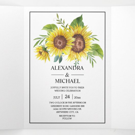 Rustige Waterverf - Zonnebloem - bruiloftsfeest Drieluik Uitnodiging (Binnenkant midden)