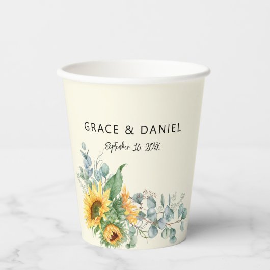Rustige Waterverf Zonnebloem Eucalyptus Greenery Papieren Bekers (Voorkant)