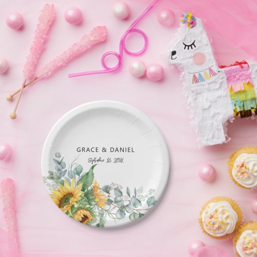 Rustige Waterverf Zonnebloem Eucalyptus Greenery Papieren Bordje (Feest)