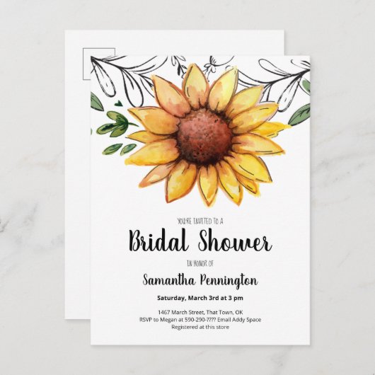 Rustige Waterverf Zonnebloem Vrijgezellenfeest Uitnodiging Briefkaart (Voorkant / Achterkant)