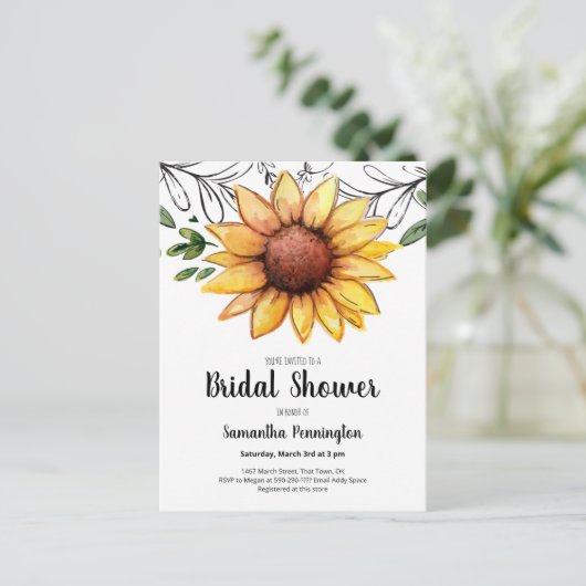 Rustige Waterverf Zonnebloem Vrijgezellenfeest Uitnodiging Briefkaart (Staand voorkant)