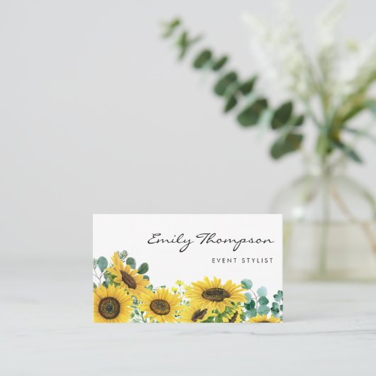 Rustige Waterverf Zonnebloemen en Eucalyptus Flora Visitekaartje (Staand voorkant)