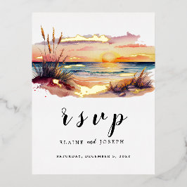 Rustige Waterverf Zonnestrand Zee Wedding Rsvp Folie Uitnodiging Briefkaart