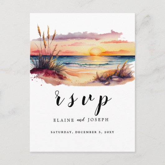Rustige Waterverf Zonnestrand Zee Wedding Rsvp Uitnodiging Briefkaart (Voorkant)
