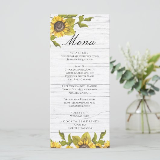 Rustige Weathered White Wood Bride Groom Sunflower Menu (Staand voorkant)