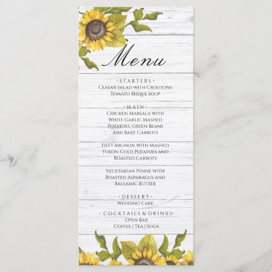 Rustige Weathered White Wood Bride Groom Sunflower Menu (Voorkant)