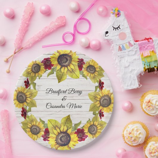 Rustige Weathered White Wood Bride Groom Sunflower Papieren Bordje (Feest)