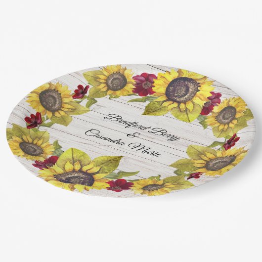 Rustige Weathered White Wood Bride Groom Sunflower Papieren Bordje (Gekanteld)