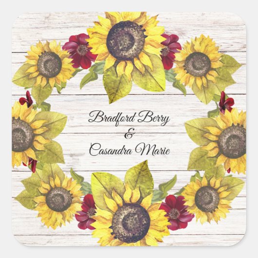 Rustige Weathered White Wood Bride Groom Sunflower Vierkante Sticker (Voorkant)