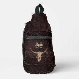 Rustige Westerne bruine beige Old Bull Skull Monog Sling Bag