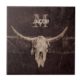 Rustige Westerne bruine beige Old Bull Skull Monog Tegeltje